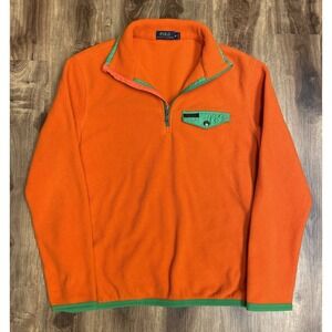 POLO RALPH LAUREN Sweatshirt Mens M Fleece 1/4 Zip Pocket Pullover Orange/Green